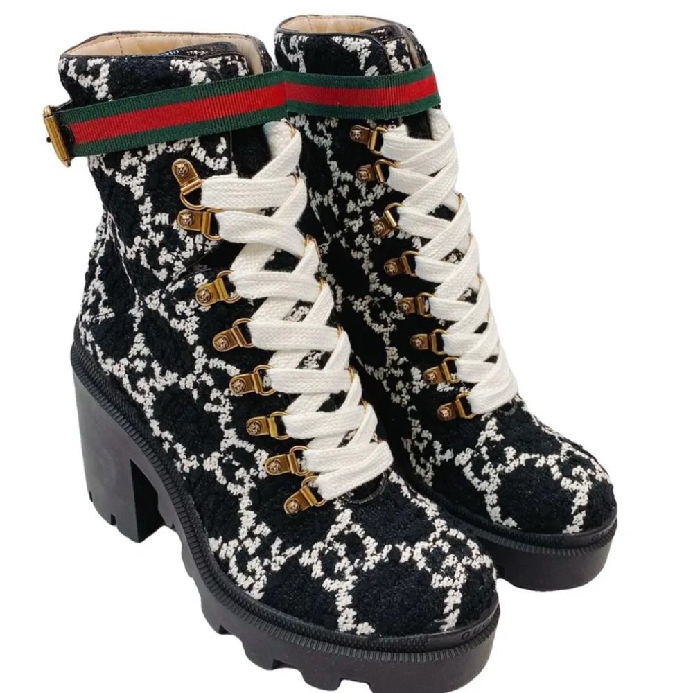 Gucci black and white tweed lace up combat boots size 37